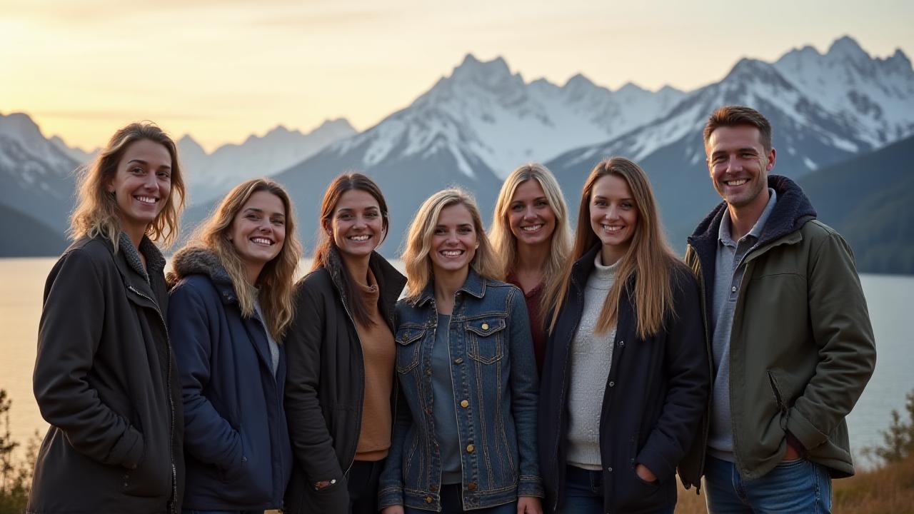 Boreal Boost team standing united in front of a majestic Alaskan mountain range at sunset, exuding professionalism and approachability.