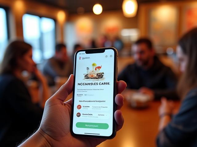 Screenshot of the 'Anchorage Eats' app displayed on a smartphone in a bustling Anchorage restaurant.