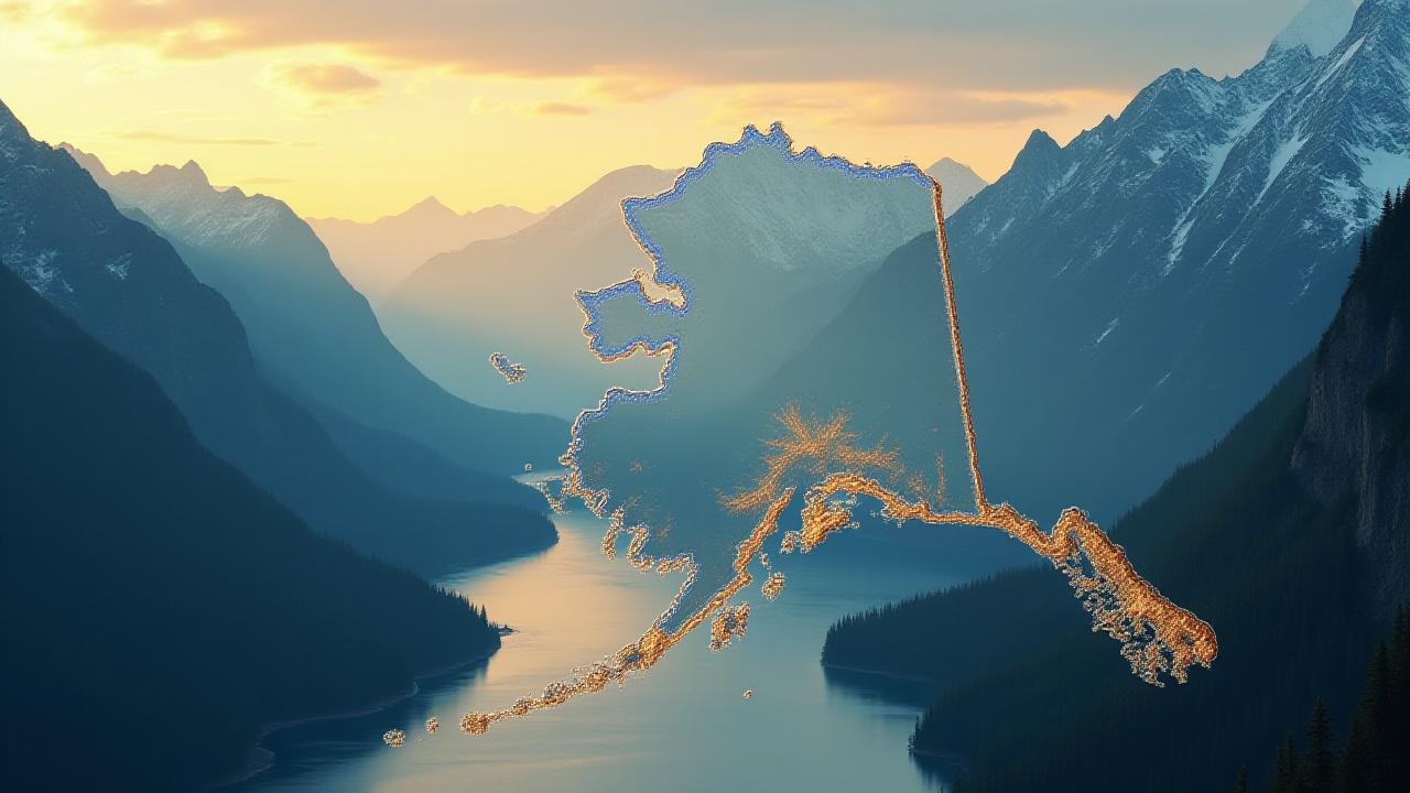 Stylized map of Alaska with Anchorage highlighted, overlaid on a majestic Alaskan landscape