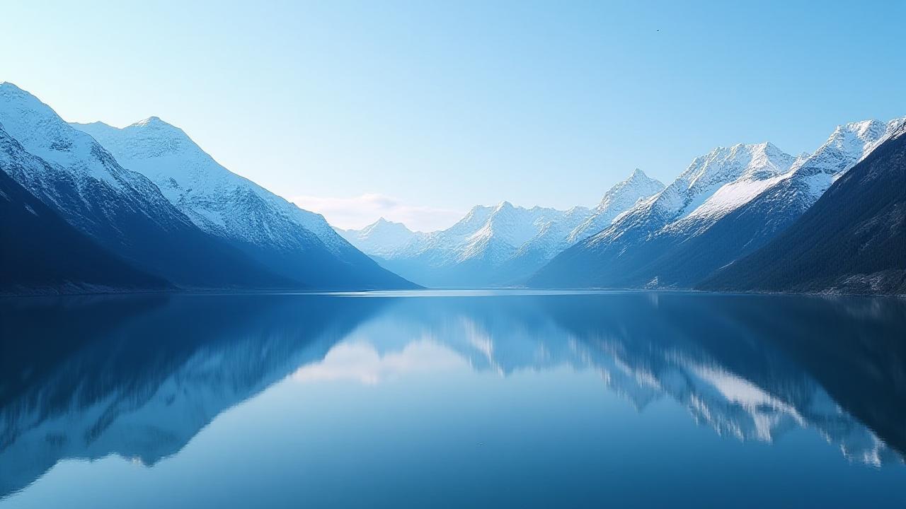 Dramatic, snow-capped Alaskan mountains reflecting in a calm, clear lake under a vast, open sky, conveying a sense of perspective and untamed opportunity.