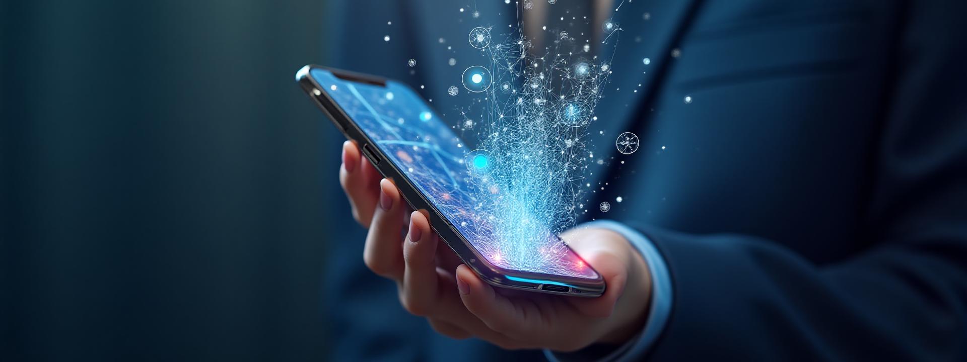 A digital blueprint morphing into a successful mobile app user interface on a smartphone screen, symbolizing strategic growth.