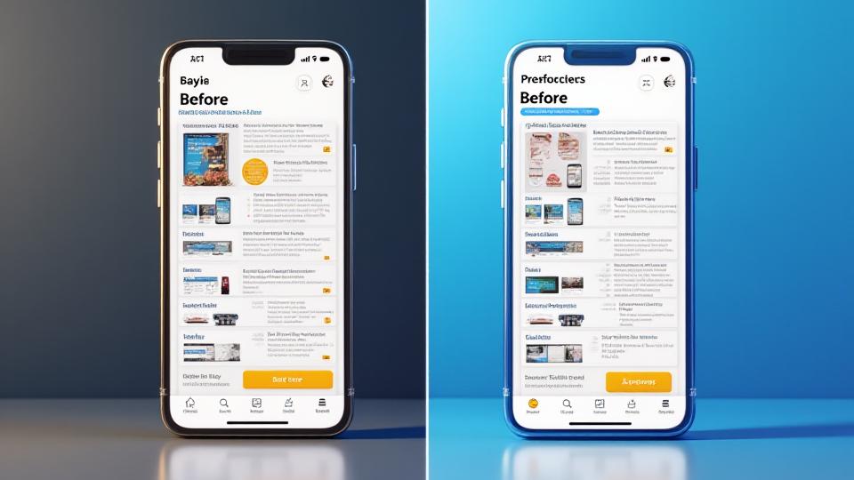 Before and after comparison of an app store listing, showing an unoptimized one transforming into a vibrant, keyword-rich and visually appealing page.