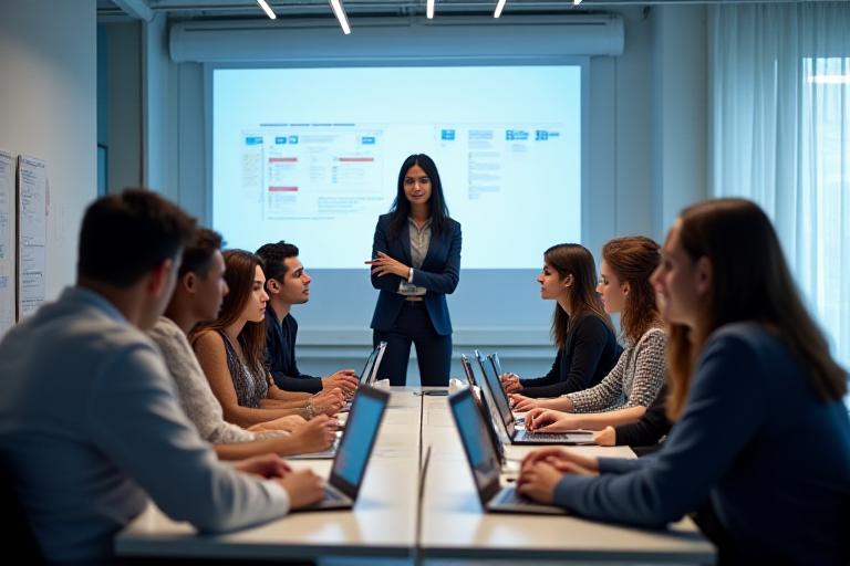 Professional team collaborating during a corporate training workshop