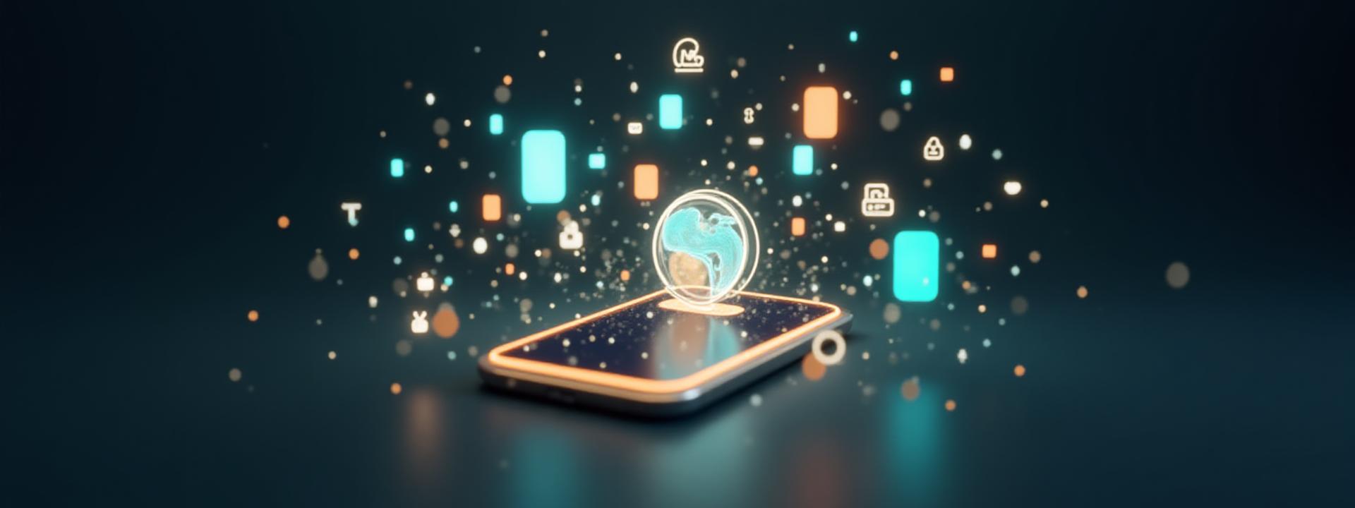 Dynamic collage of glowing social media UI elements interacting with a stylized mobile app icon, symbolizing connection and engagement.