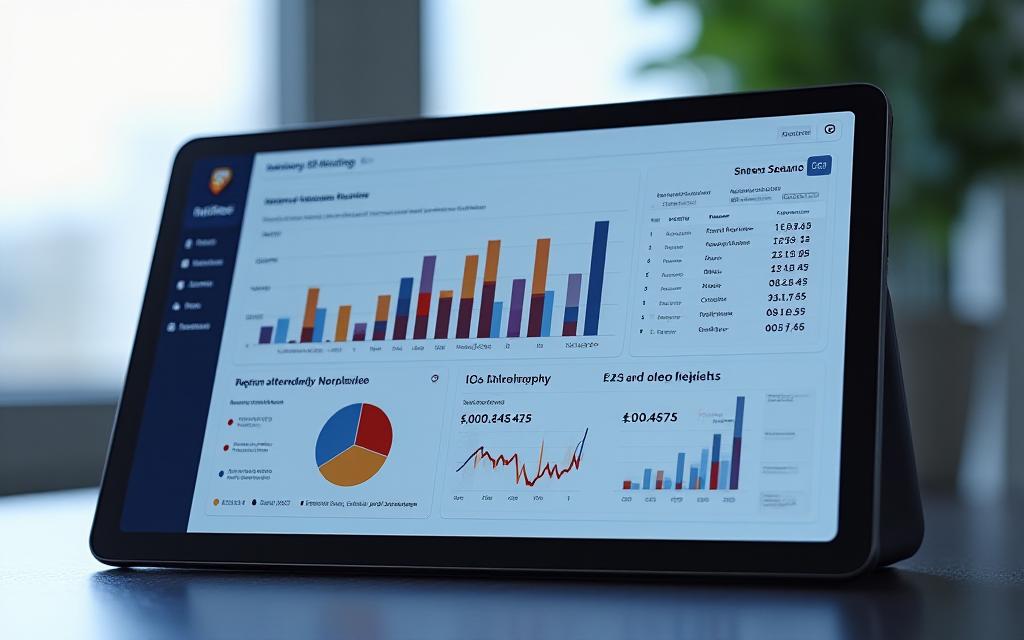 Mockup of a clean, professional mobile app performance dashboard showing ROAS trend, spend vs budget, top channels, and CPA by campaign.